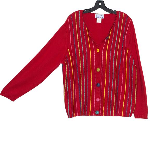 Vintage Cardigan Sweater Rainbow Cottage Preppy 90s Cozy Retro Stripe Red 1X - Picture 5 of 6